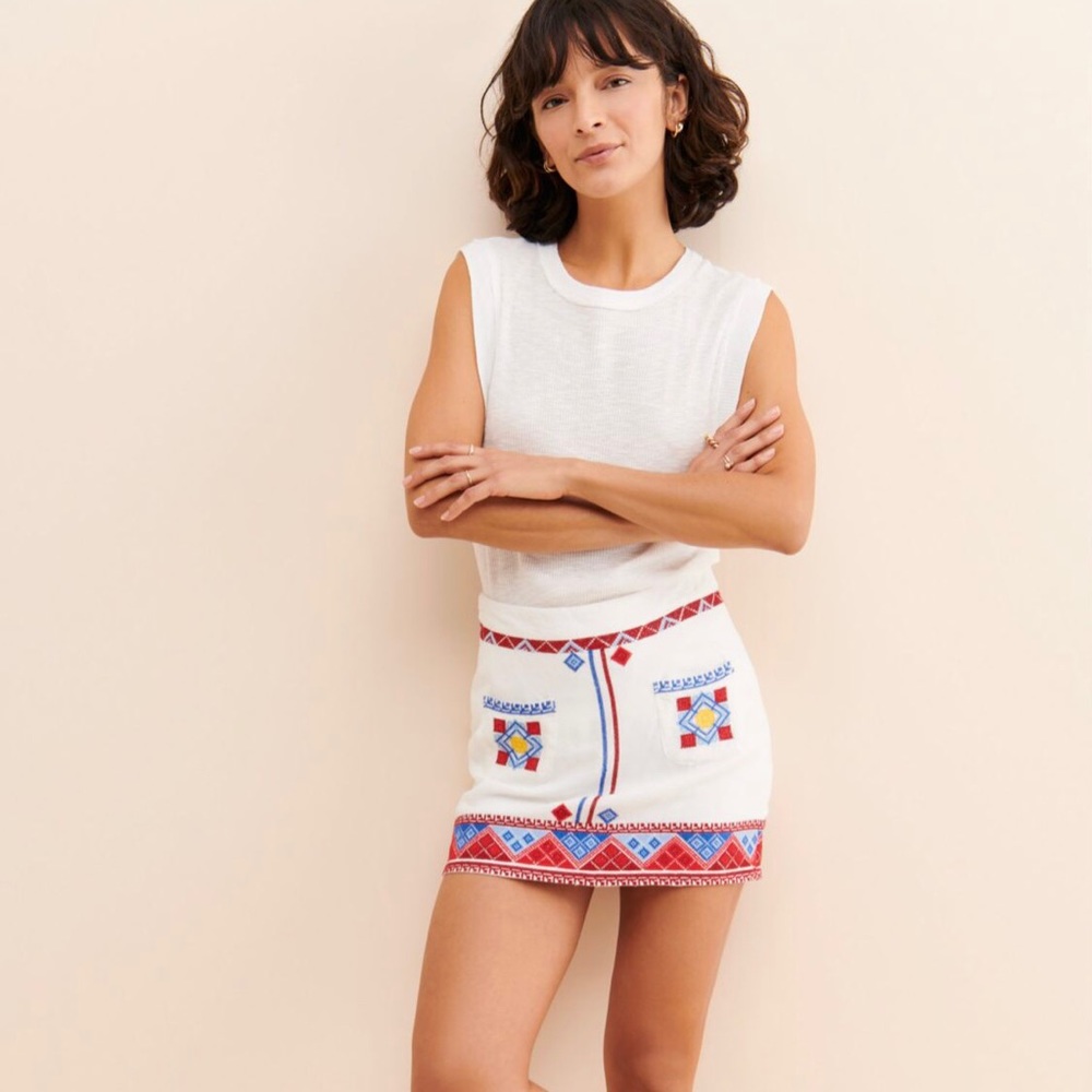 UO Pippa Embroidered Mini Skirt Aztec Design NEW Medium White, Red & Blue Detail - Picture 2 of 7